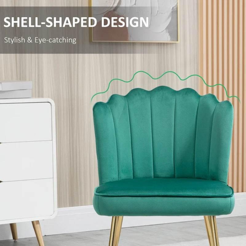 Green velvet-look shell dining chair with gold legs and curved back