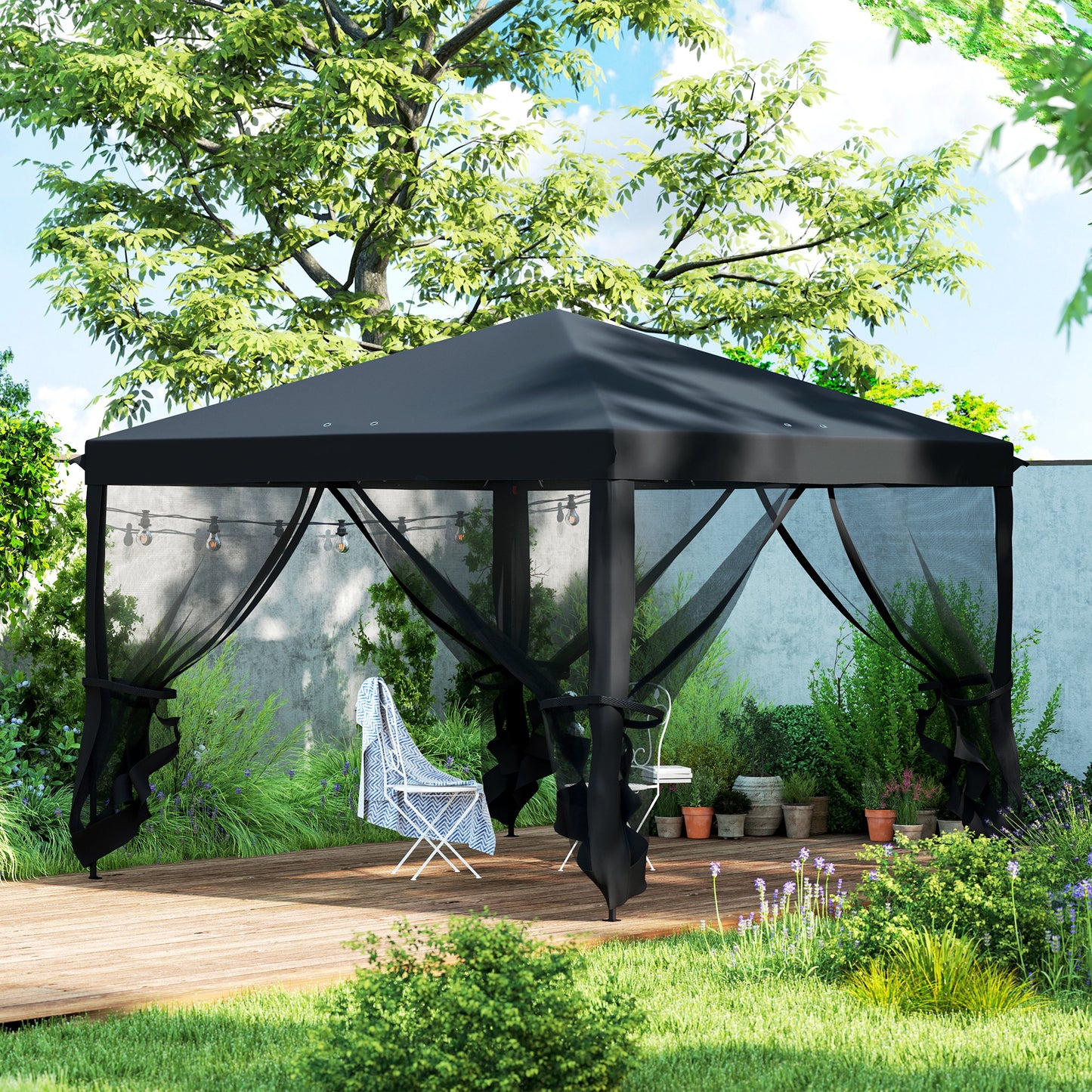 Outsunny 3 X 3 M Pop Up Gazebo With 420D Canopy Removable Mesh Sidewall Netting Carry Bag Black
