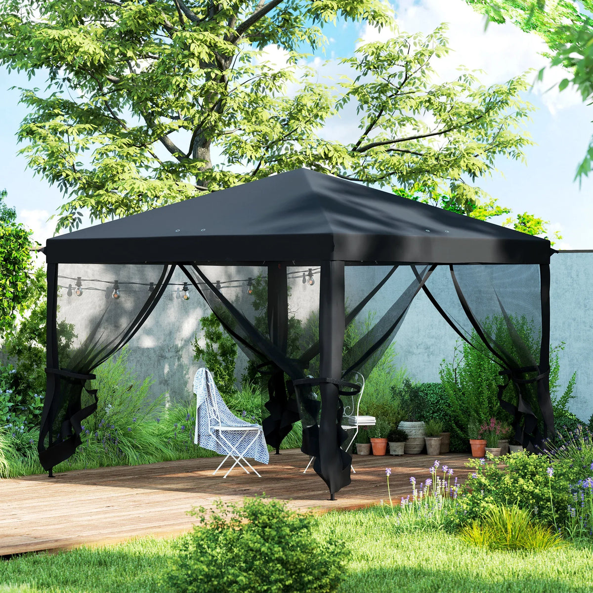 Black pop-up gazebo with mesh panels and dark canopy