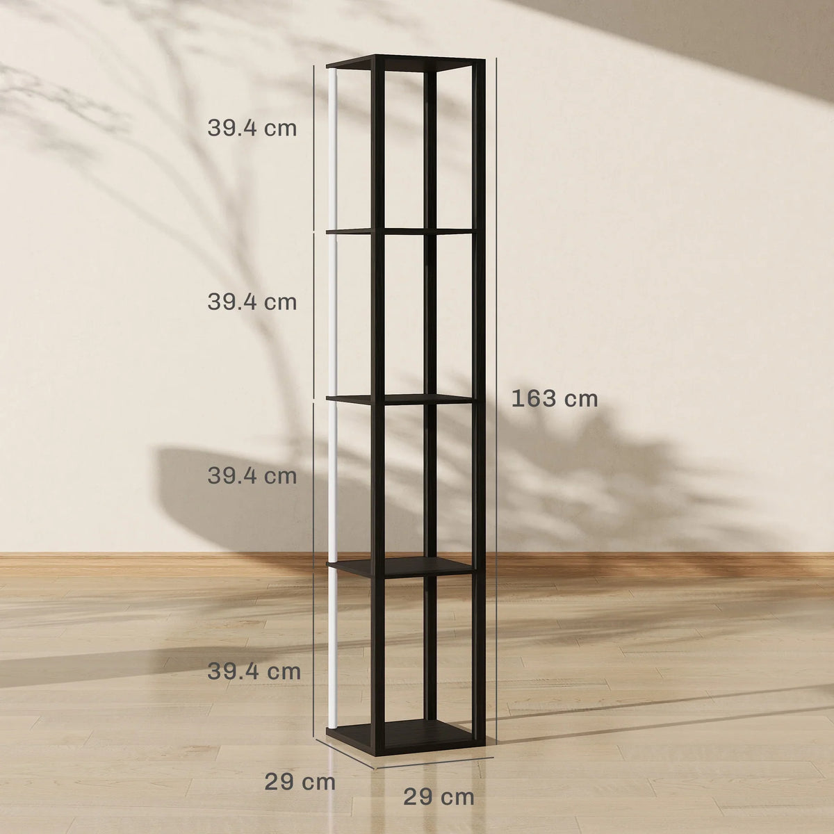 Black RGB LED floor lamp with open shelves, height and base dimensions shown.