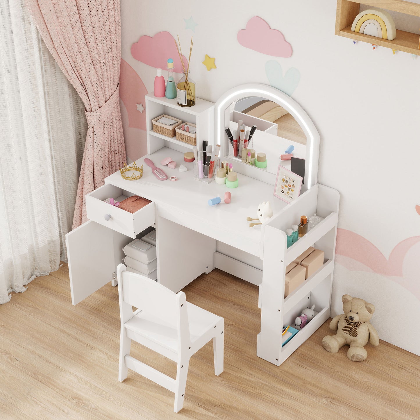AIYAPLAY Girls Dressing Table And Chair Set With 2 Colour LED Mirror Stool Cabinet Drawers And Shelves White