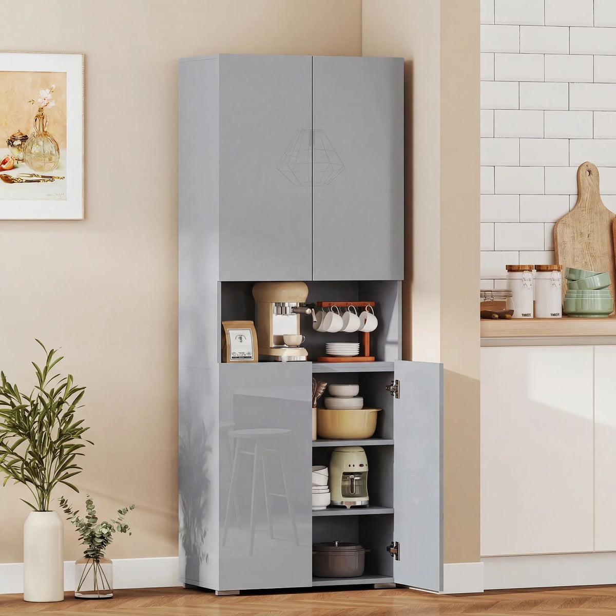 Tall kitchen pantry cabinet with high-gloss grey doors, open shelving compartments inside
