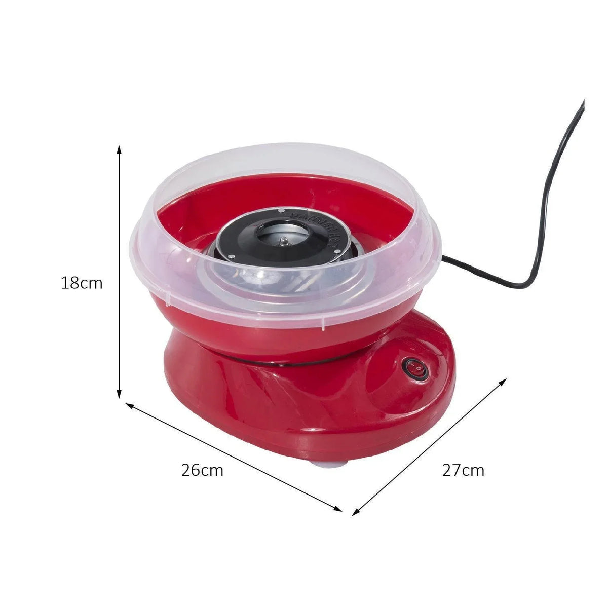 Red electric cotton candy maker with clear lid, black head, and power cord