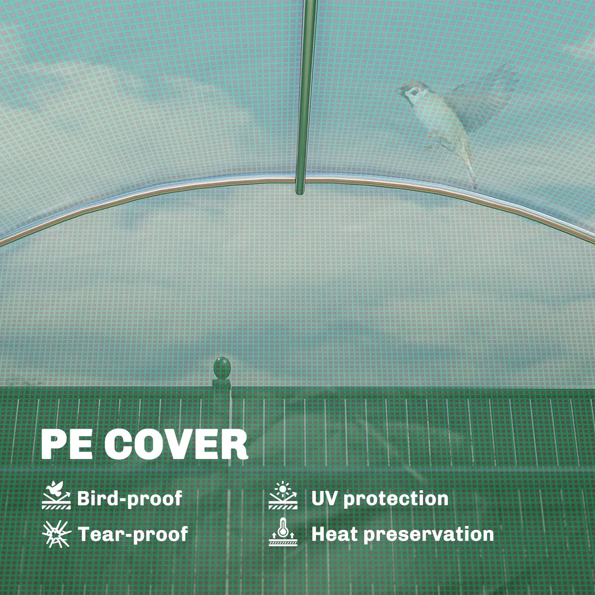 Green greenhouse roof with mesh cover and curved metal frame support