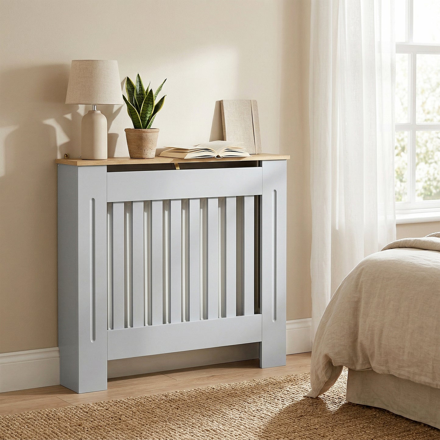 HOMCOM Slatted Radiator Cover In Grey Painted MDF With Lined Grill 78L x 19W x 81H cm