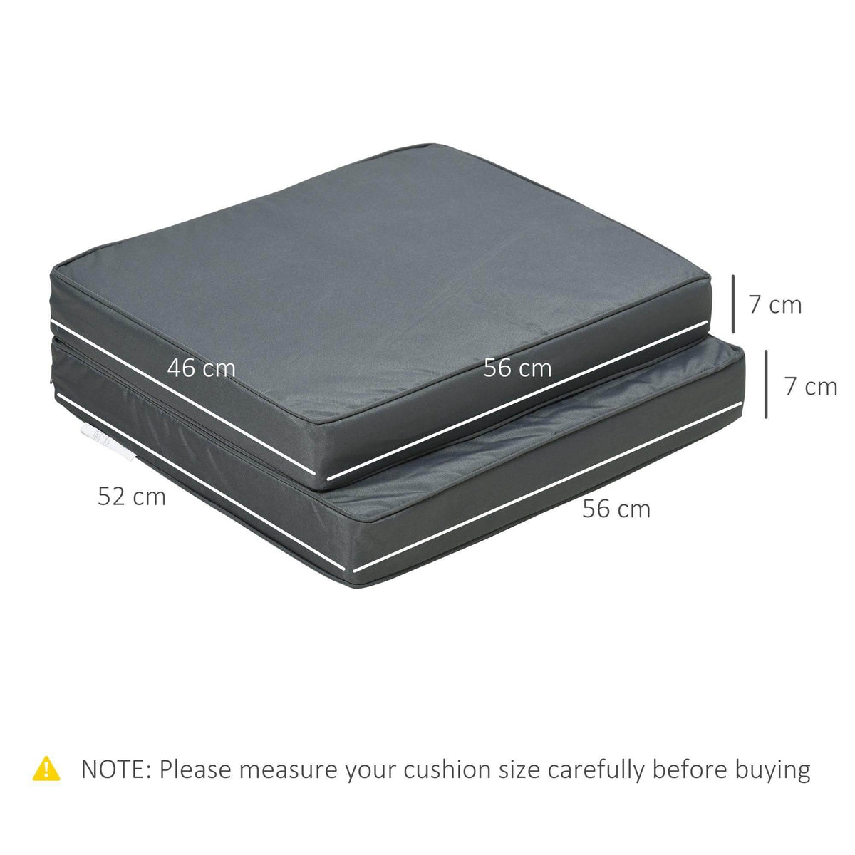 Dark grey outdoor seat cushion with stacked base, size dimensions shown