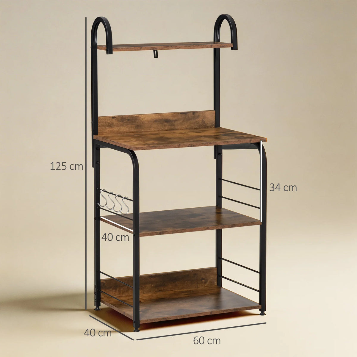 Rustic brown baker rack microwave stand with two-tier shelving and side storage frame