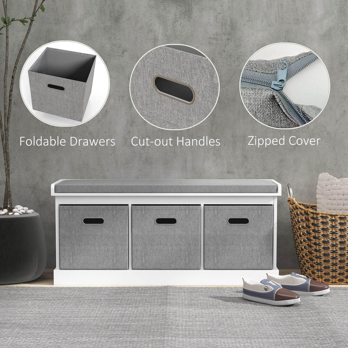 HOMCOM white shoe storage bench with three gray fabric drawers and cut-out handles