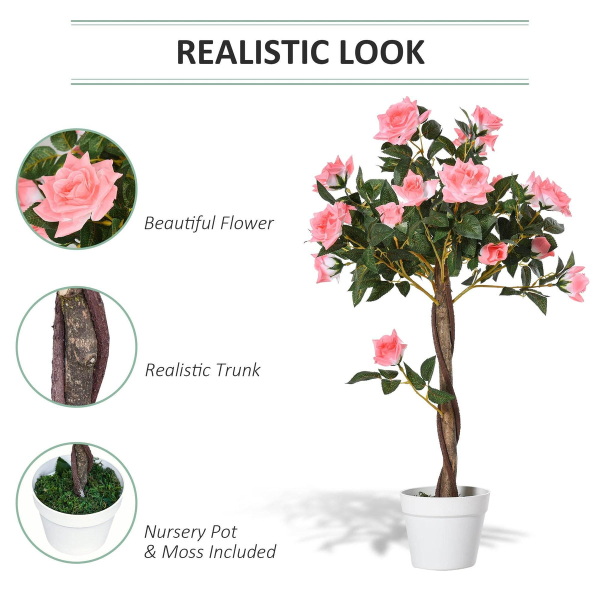 Artificial pink rose tree with realistic trunk texture and green leaves in white pot