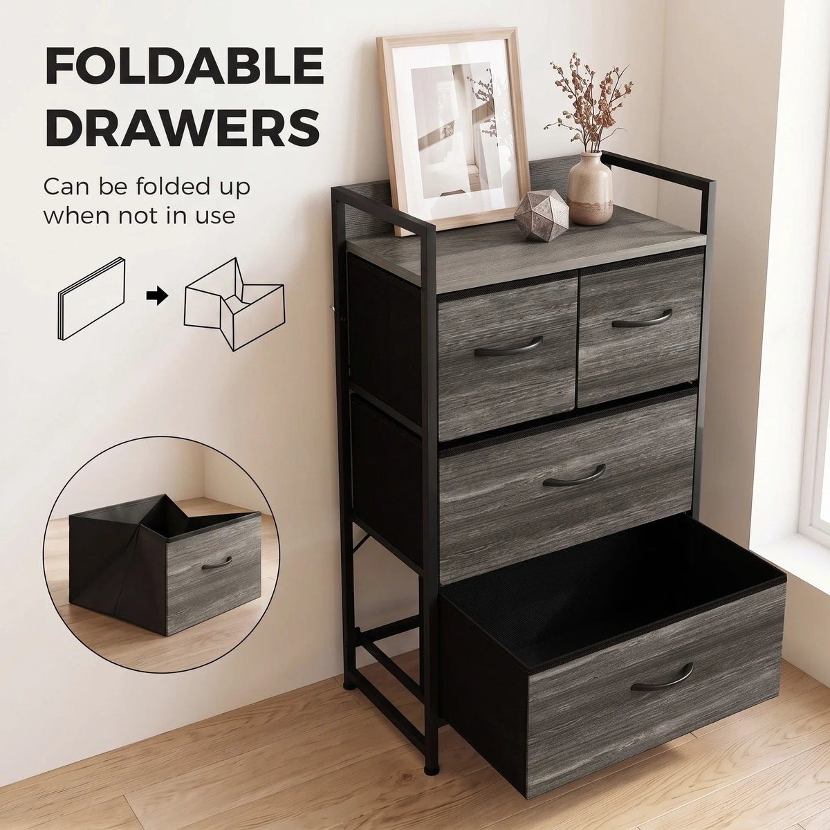Rustic grey wood-effect dresser with four fabric drawers, black steel frame and open top shelf