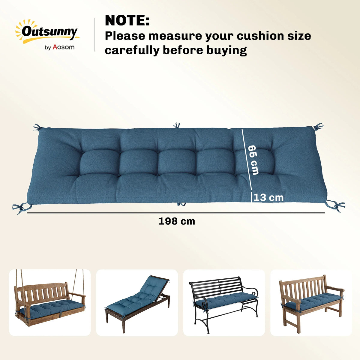 Blue sun lounger cushion pad with tufted surface and corner tie straps