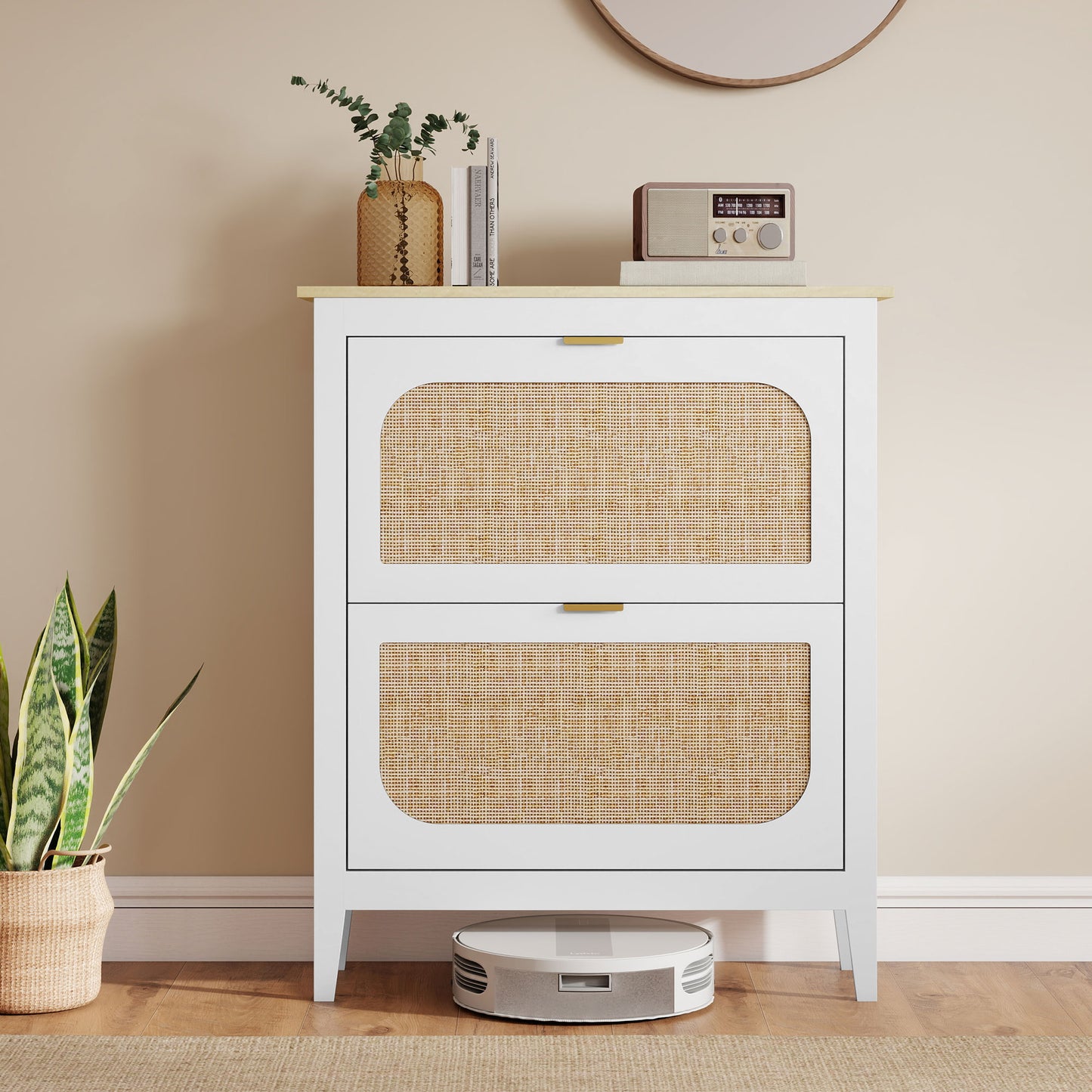 HOMCOM Narrow Boho Rattan Style Shoe Cabinet With 2 Flip Drawers Holds 14 Pairs White