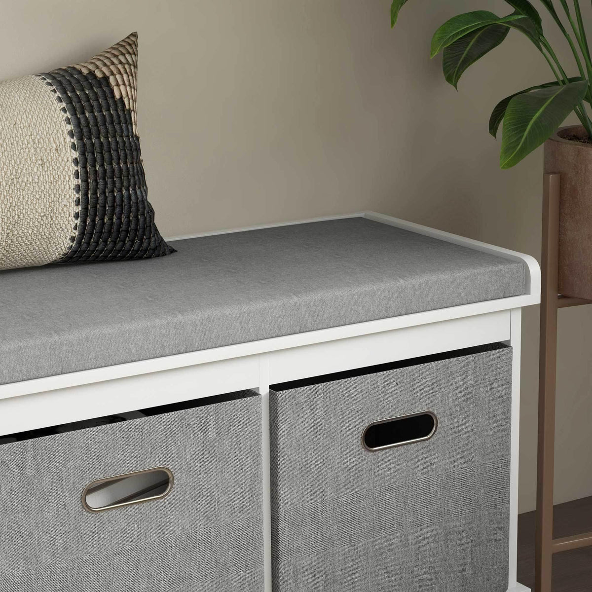 HOMCOM white shoe storage bench with upholstered gray seat and gray drawer fronts with handles