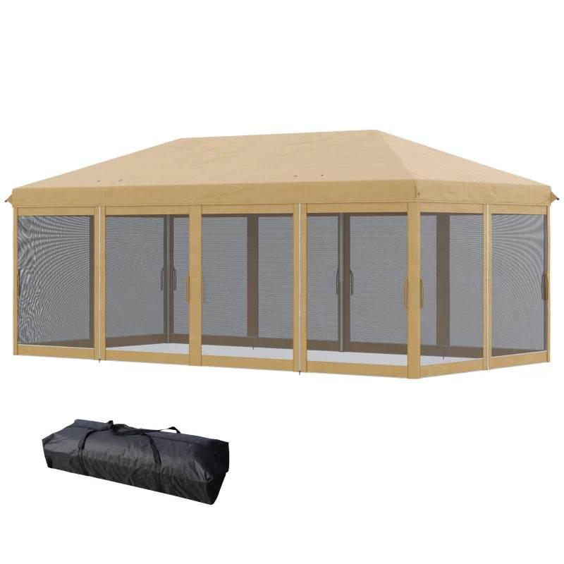 Beige pop-up event gazebo canopy with attached gray mesh sidewalls and corner posts