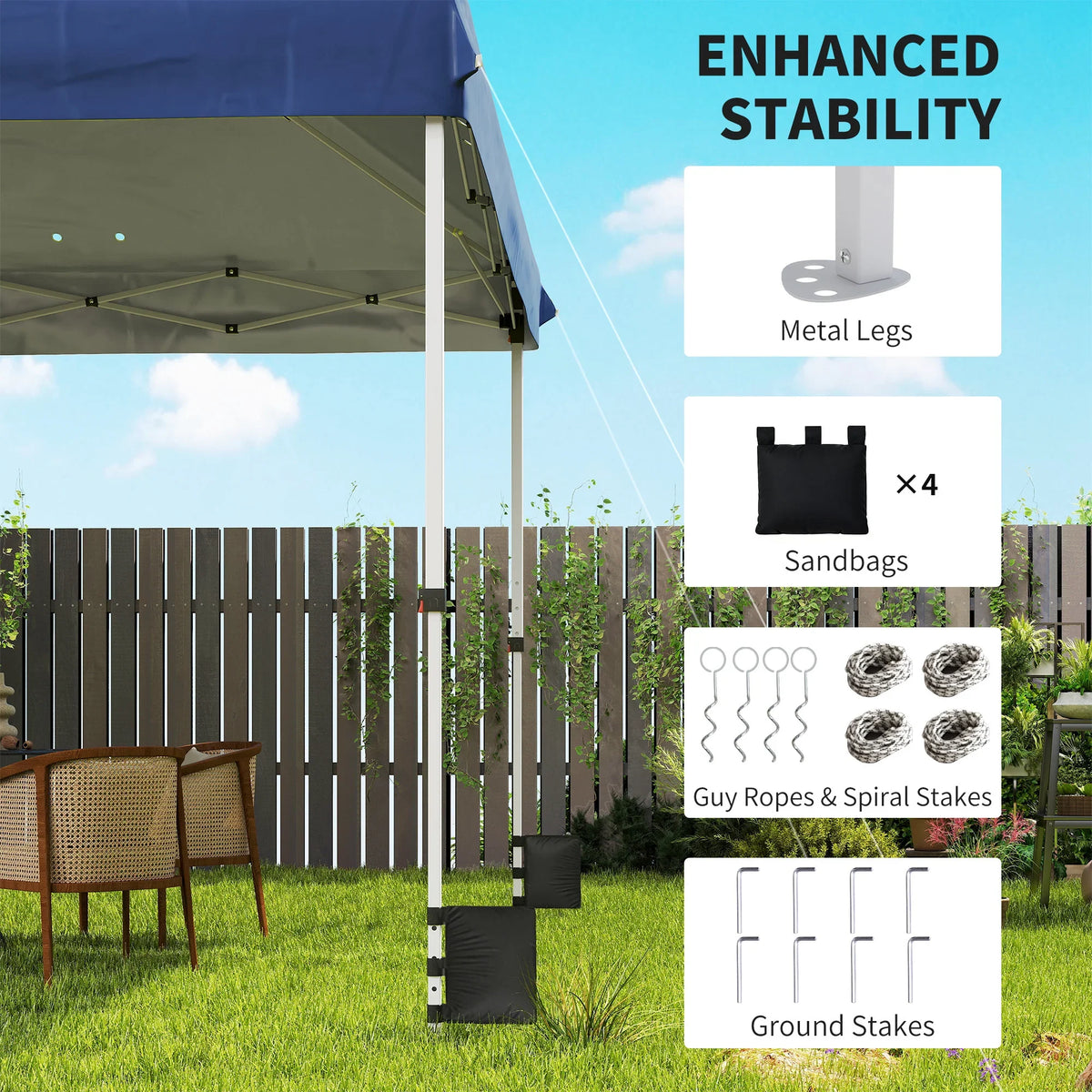 Gazebo with reinforced metal legs and stability accessories for outdoor setup