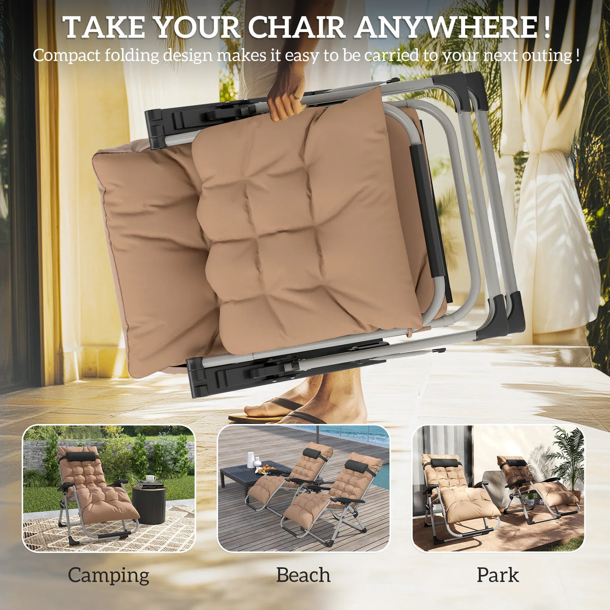 Khaki folding zero-gravity sun loungers with padded cushions and black headrests, stacked