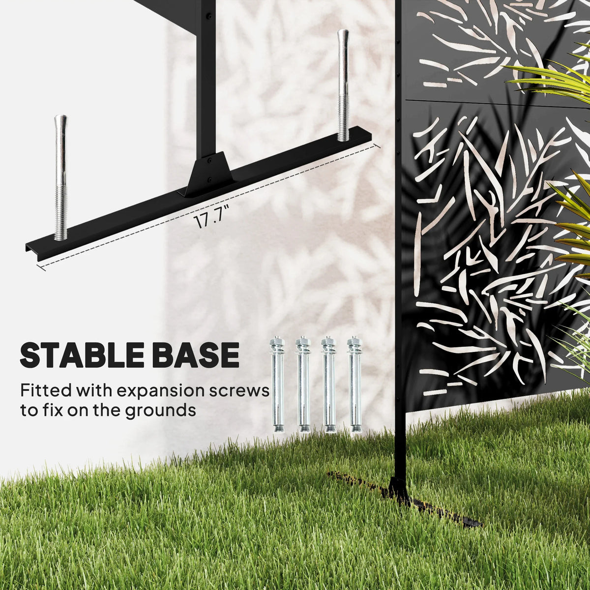 Black metal privacy screen base with expansion screws for freestanding garden setup