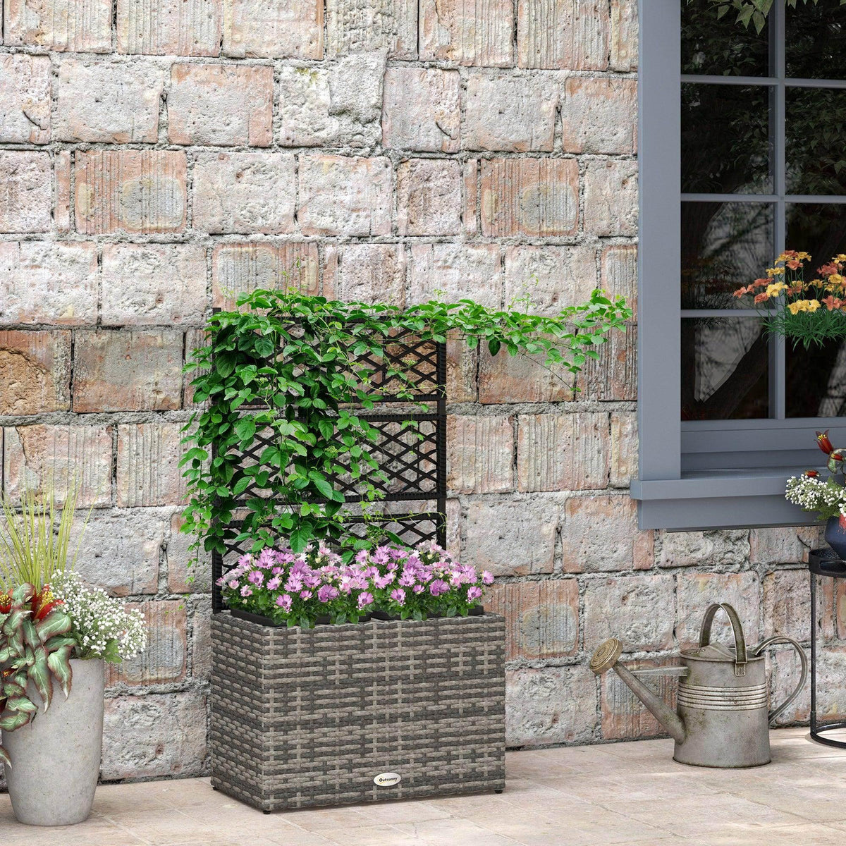 Grey PE rattan raised planter with black trellis and two flower boxes, green vines and blooms