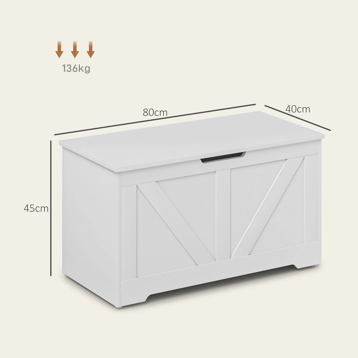 White storage ottoman bench with hinged lid and recessed handle.