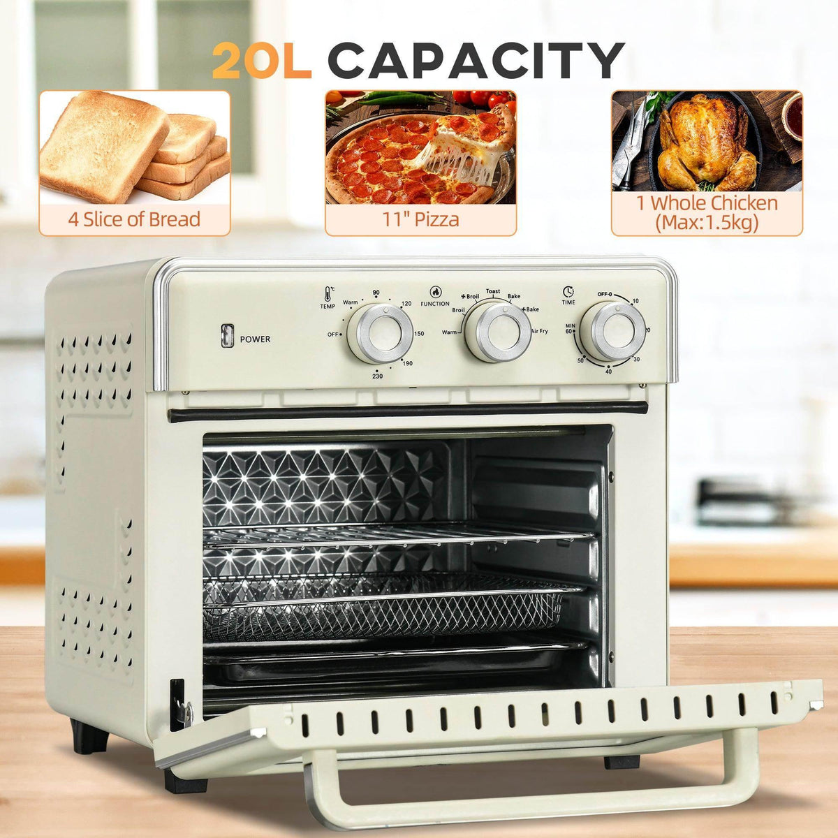 Cream toaster oven with door open, dark wire rack inside, and three top control knobs