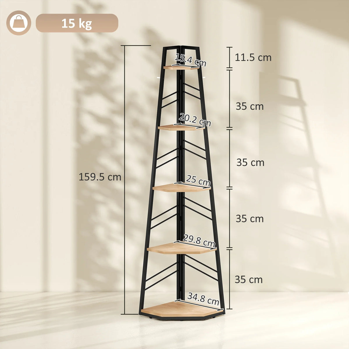 Corner bookcase with five natural wood shelves and black metal frame, shown with size dimensions