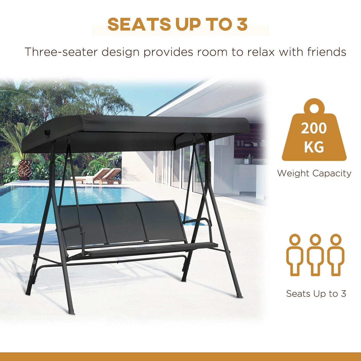 Black three-seater garden swing chair with canopy and curved padded seat and back