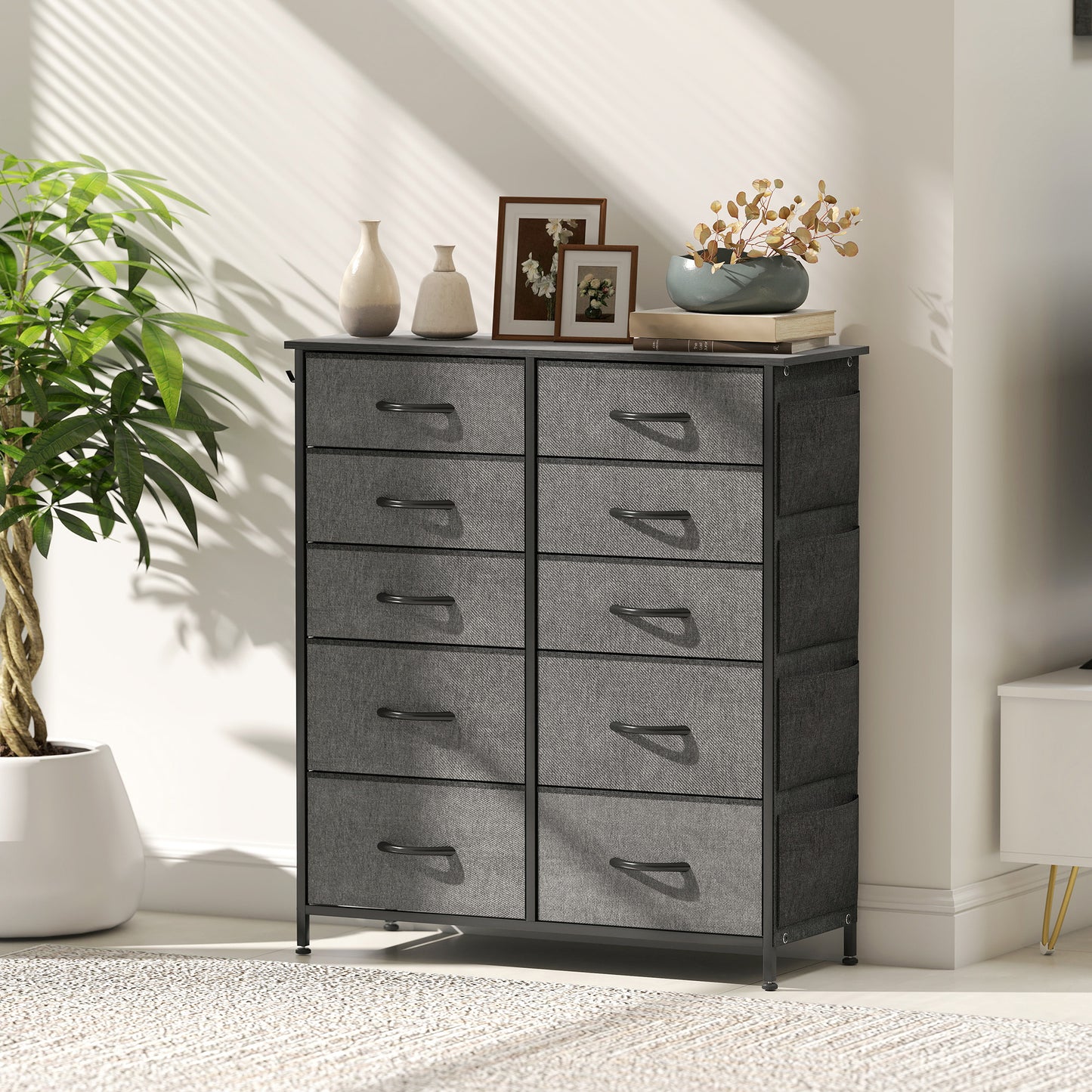 HOMCOM Chest Of Ten Fabric Drawers Charcoal Grey With Six Small And Four Large Drawers Four Side Pockets And Two Hooks