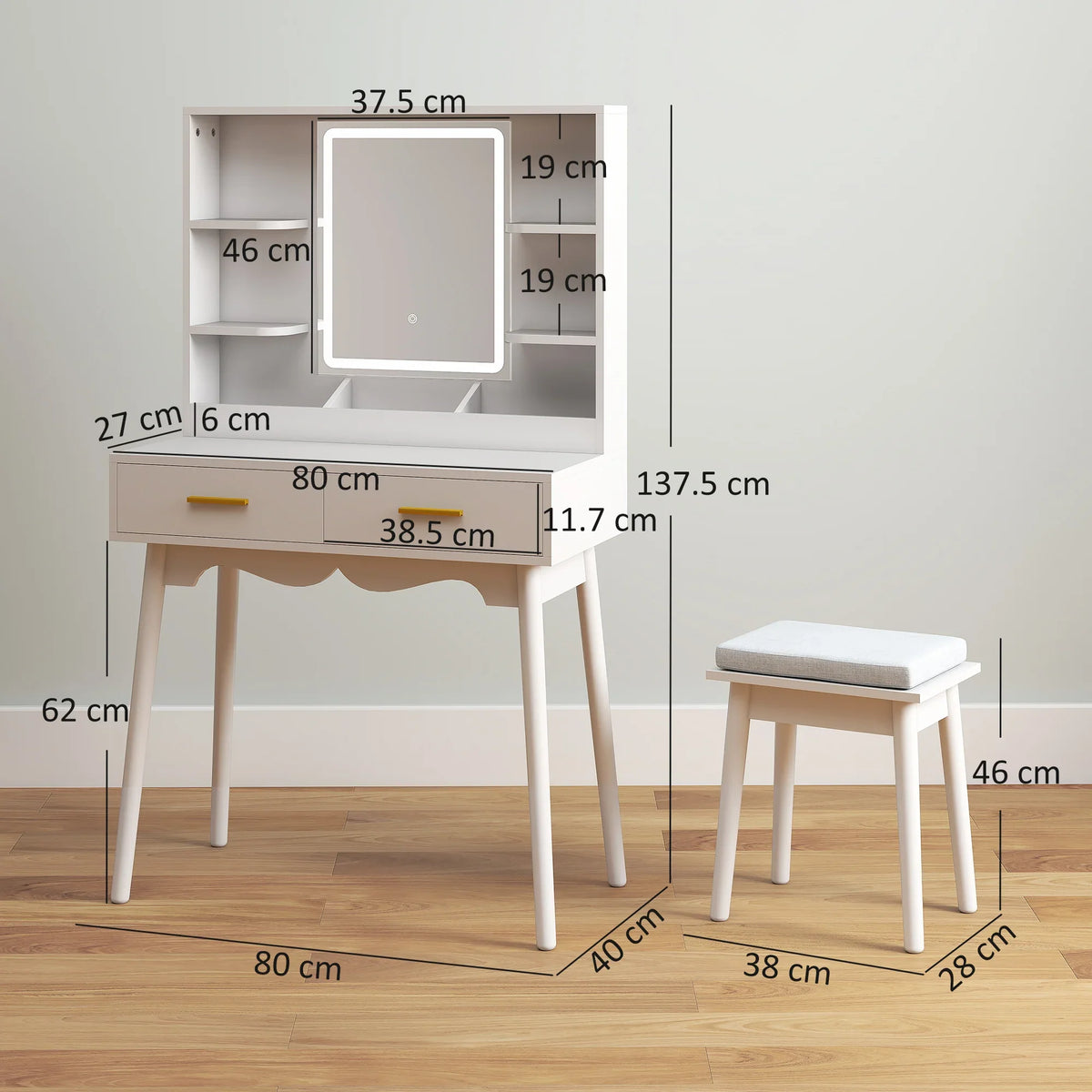 White dressing table vanity with large square mirror, two drawers, and matching stool