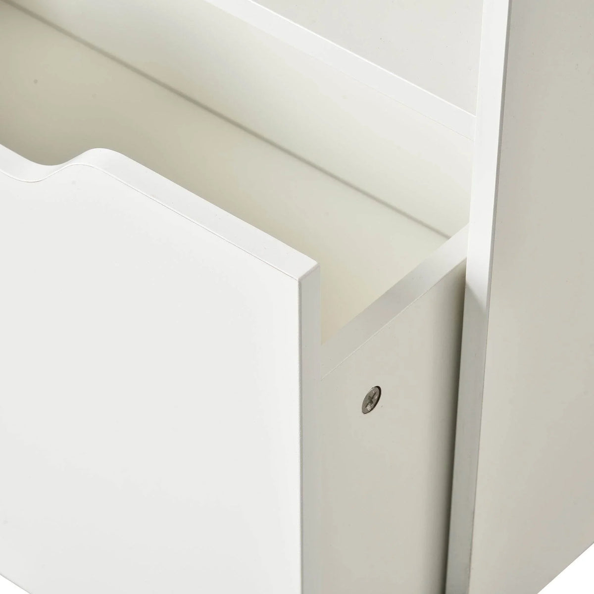 White kids bookshelf toy box with side panel and round hardware detail.