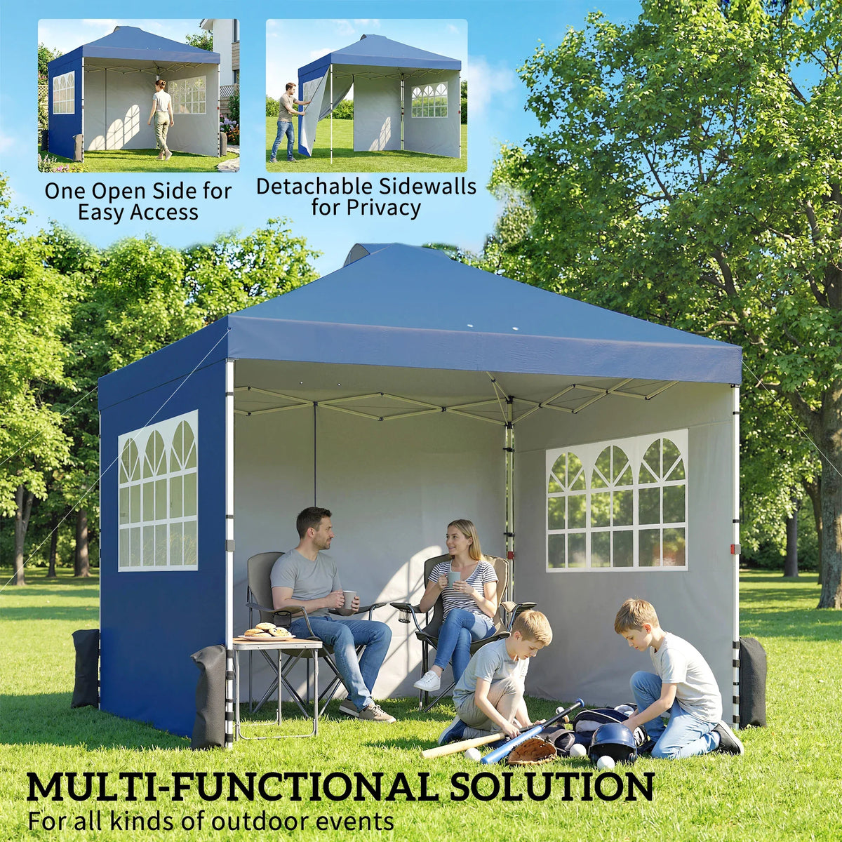 Dark blue pop-up gazebo with open entrance and detachable privacy side panels
