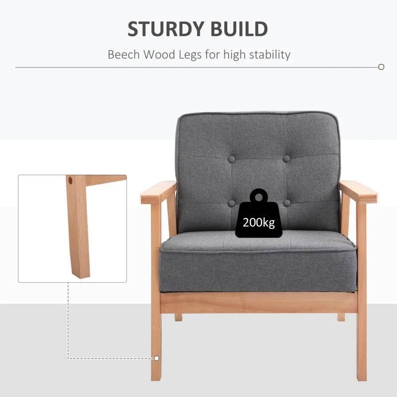 Grey upholstered accent chair with beech wood legs; weight capacity up to 200kg shown.