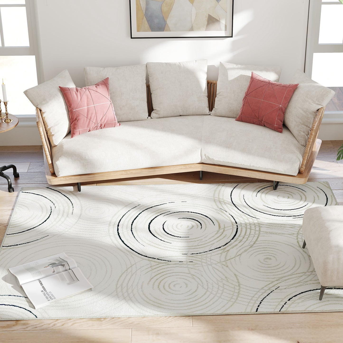 HOMCOM Modern Area Rug 230x160 Cm Cream White Swirl Pattern Machine Washable Carpet For Living Room Bedroom Office