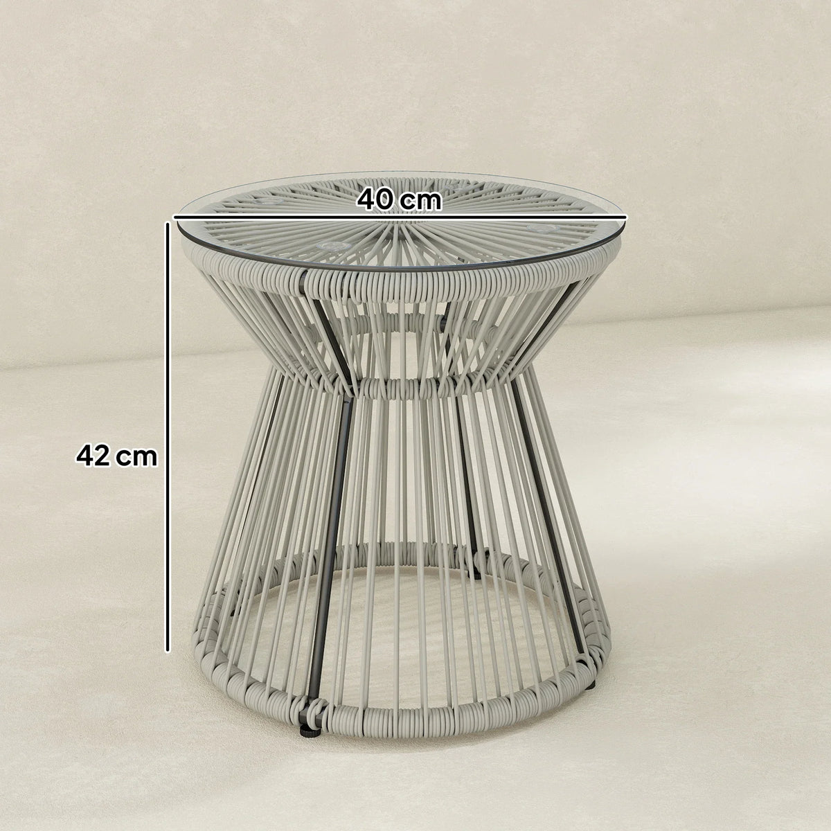 Light grey rattan coffee table with 40 cm round tempered glass top, open pedestal base