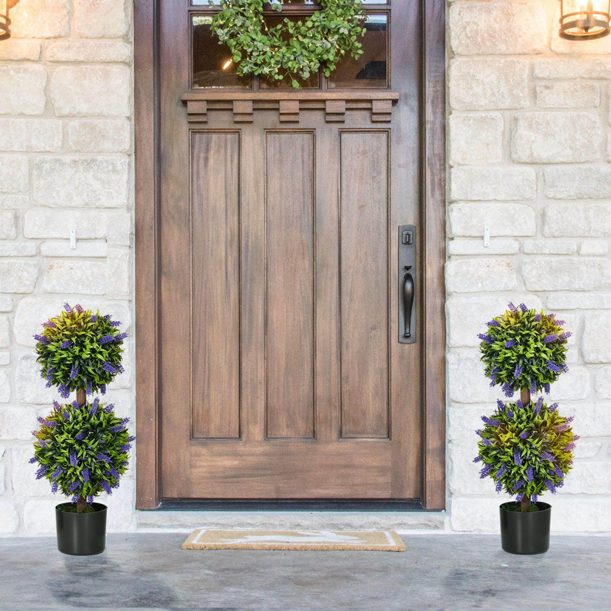 Set of 2 artificial potted ball tree plants with purple lavender-style flower clusters