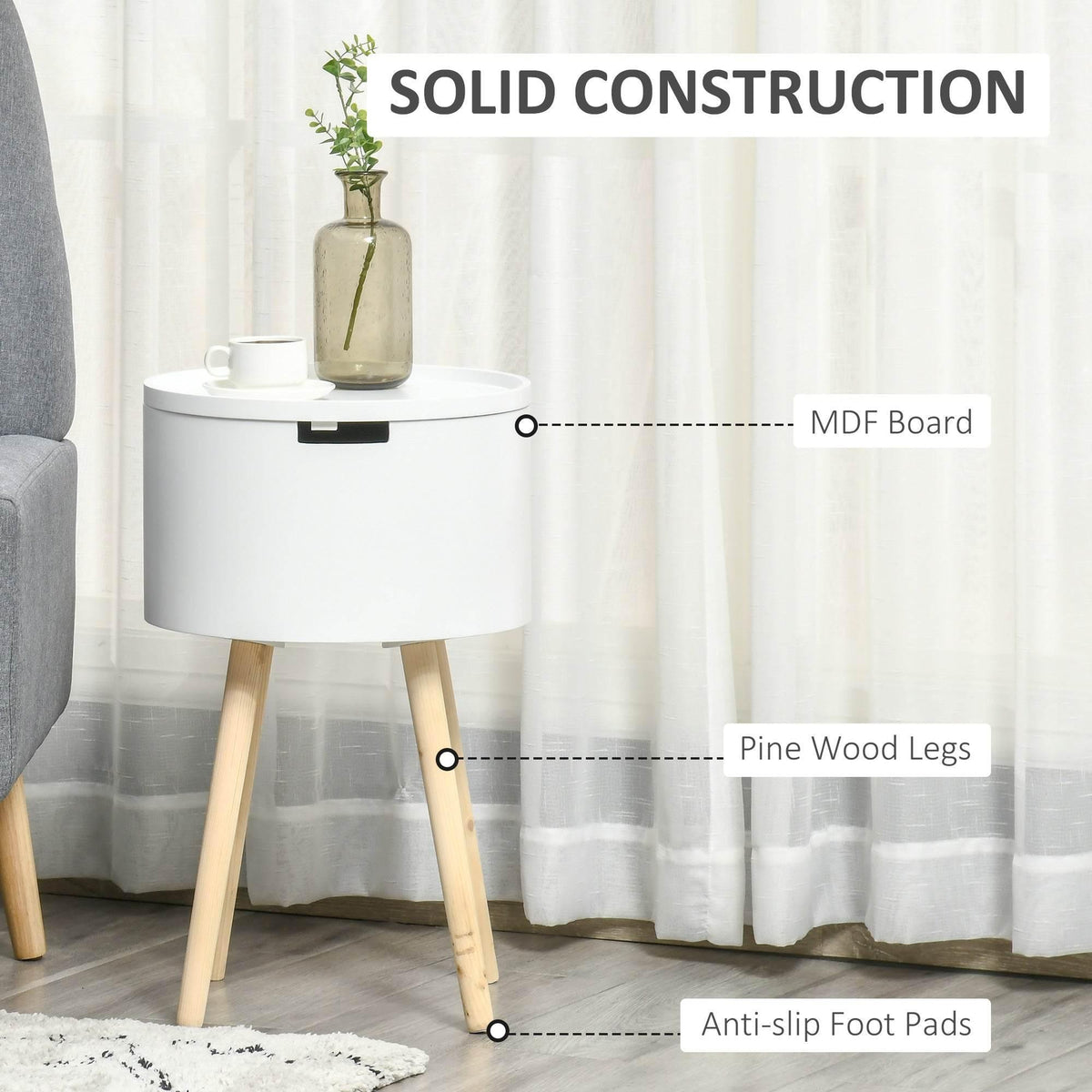 White round side table with MDF body, pine wood legs, and anti-slip pads