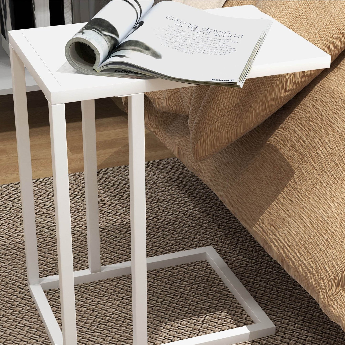 HOMCOM Modern C-Shaped White Side Table with Steel Frame and Wood-Effect Top for Living Room - ALL4U RETAILER LTD