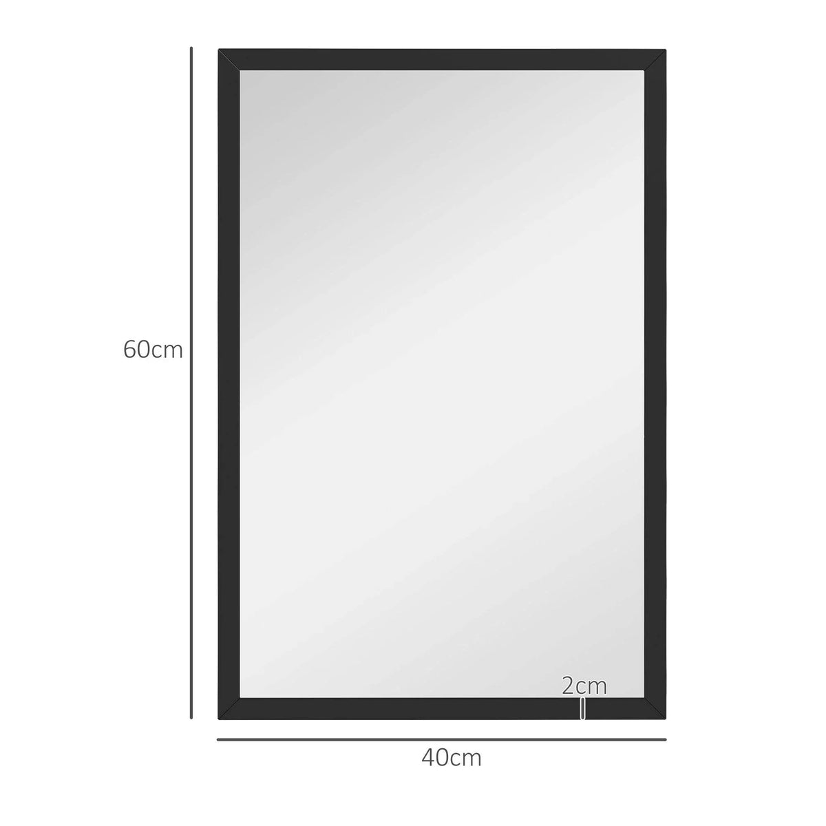 Rectangular black wall mirror with slim frame; size markings show 60cm by 40cm