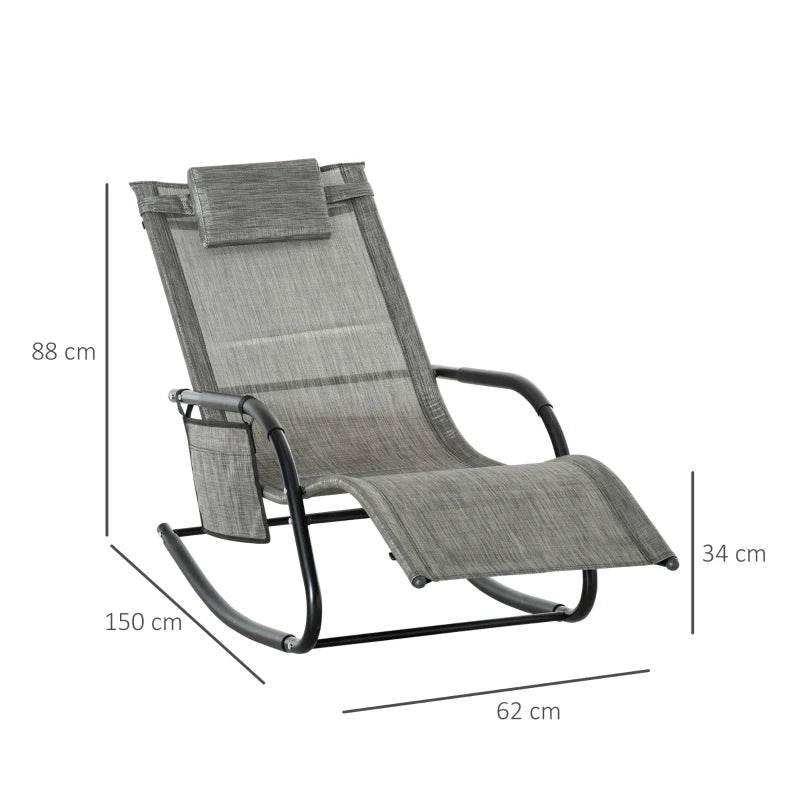 Dark grey rocking sun lounger with mesh back, armrest, and extended footrest; dimensions shown