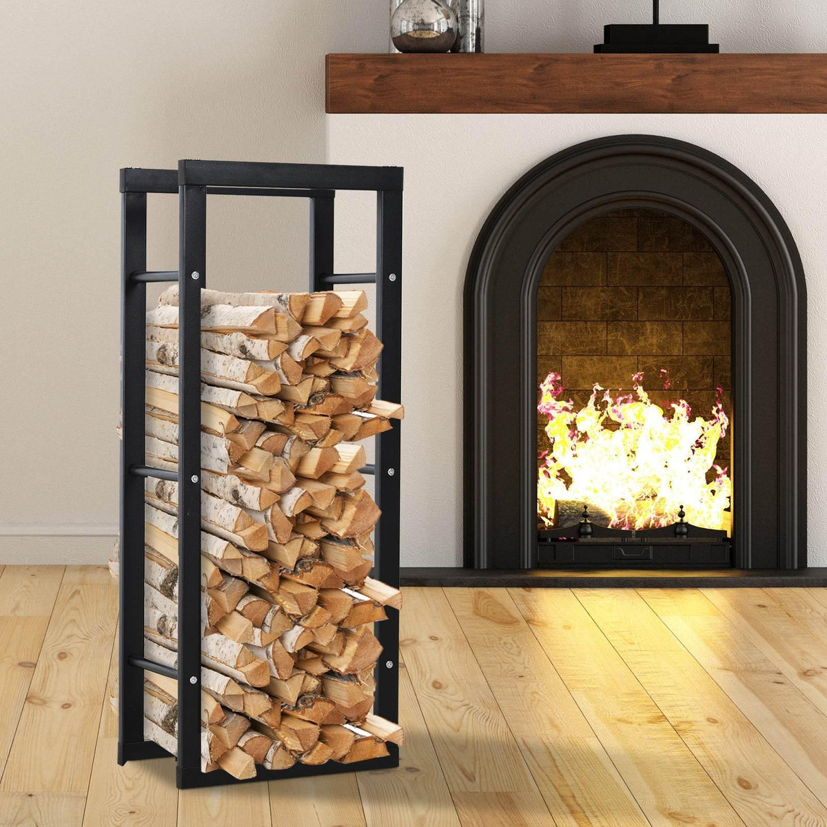 Black vertical metal firewood log holder rack holding stacked firewood logs