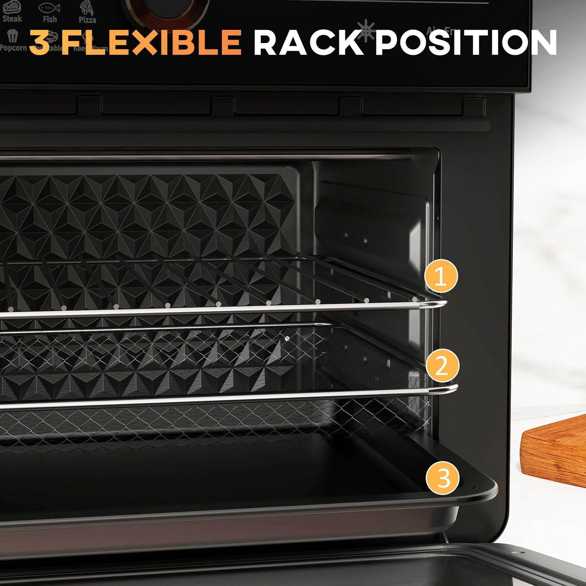 Open air fryer oven interior with wire rack and multiple height positions