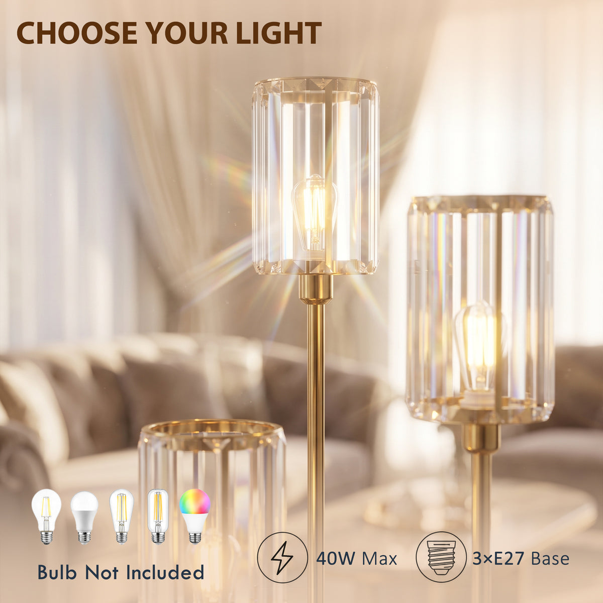 Gold floor lamp with three clear crystal-like glass shades and exposed filament bulbs
