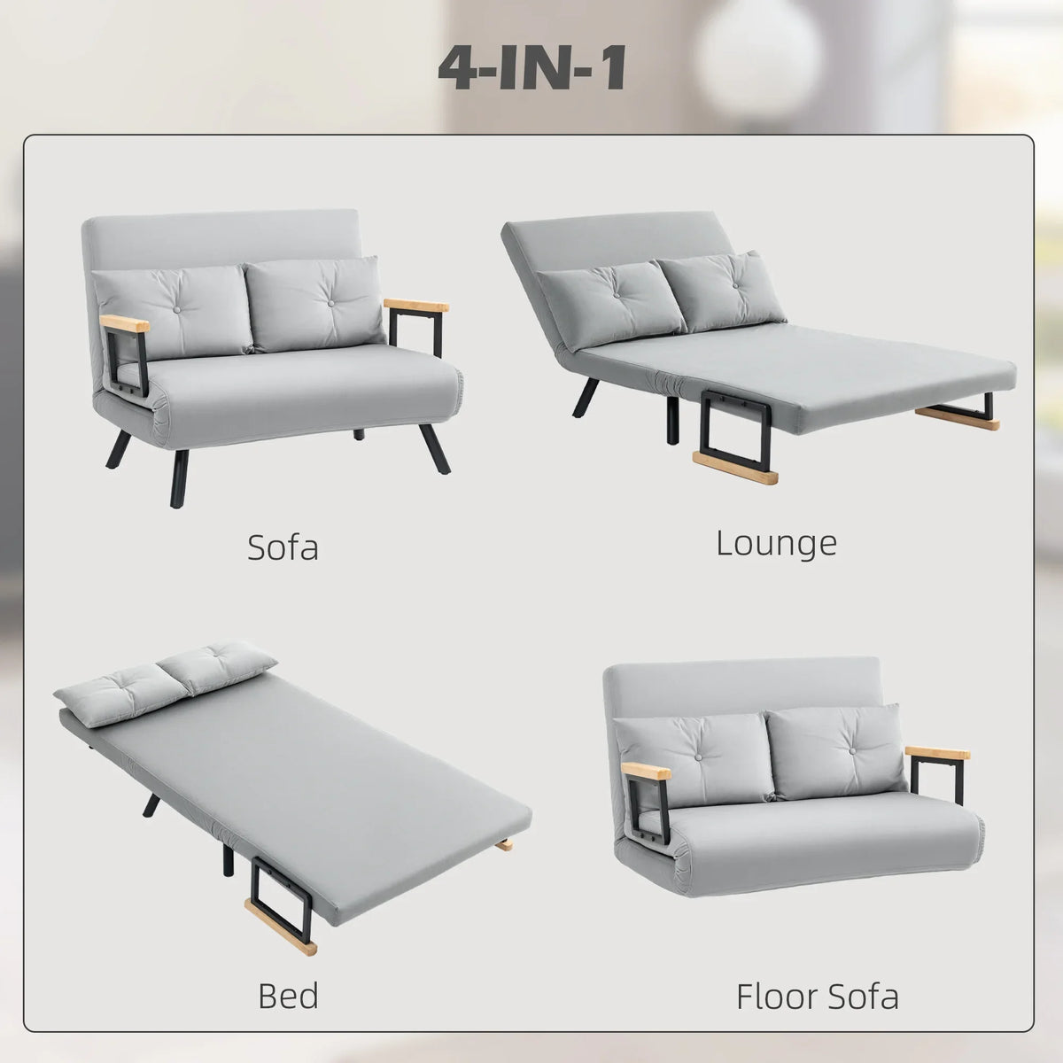 4-in-1 light grey sofa bed in sofa, lounge, bed, and floor sofa positions