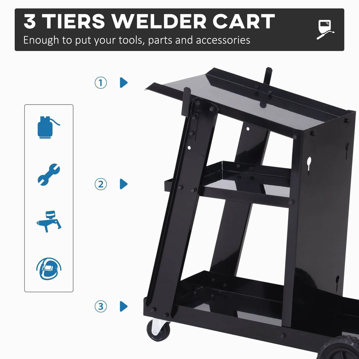 Black 3-tier welding cart with side frame and caster wheels for rolling storage