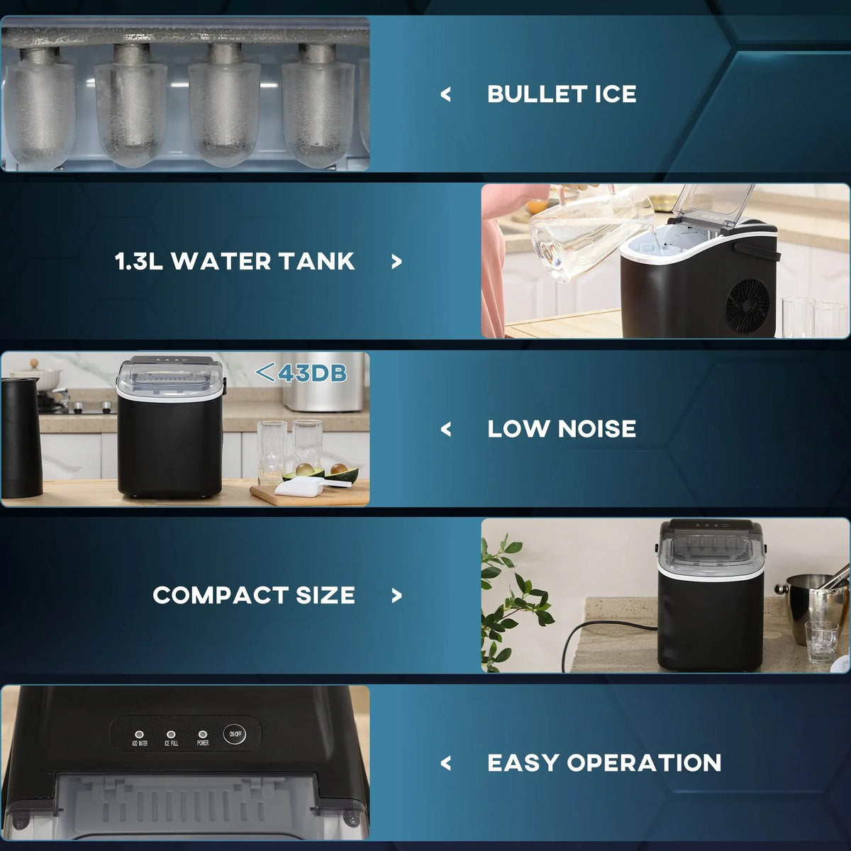 Black countertop ice maker with internal cube mold tray and water tank