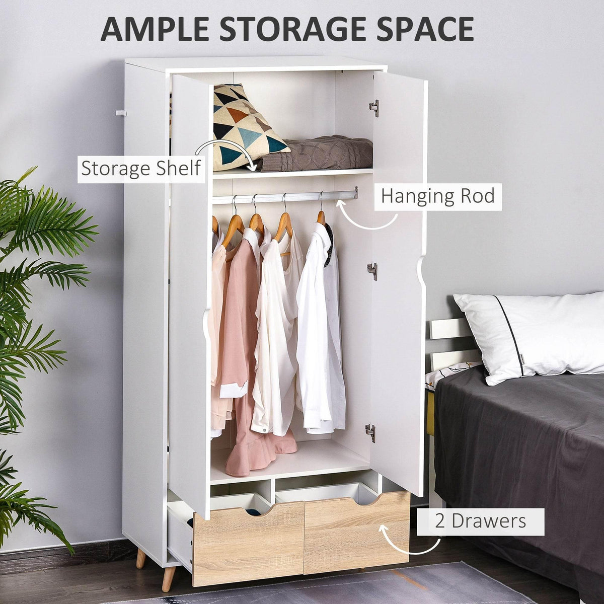 White wardrobe cabinet with hanging rod, storage shelf, and two drawers; doors open