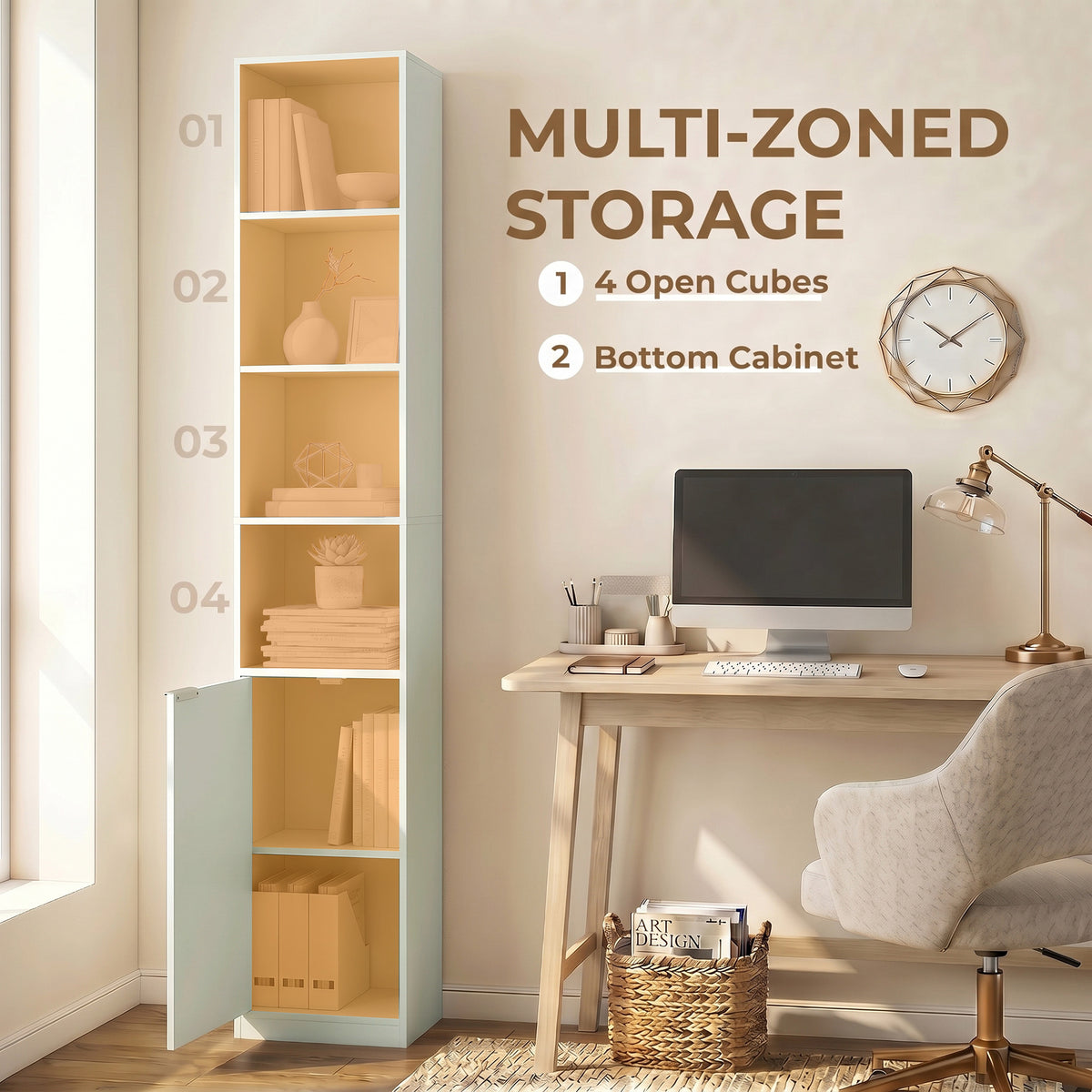 Light green bookcase with open cubby shelves and bottom cabinet base