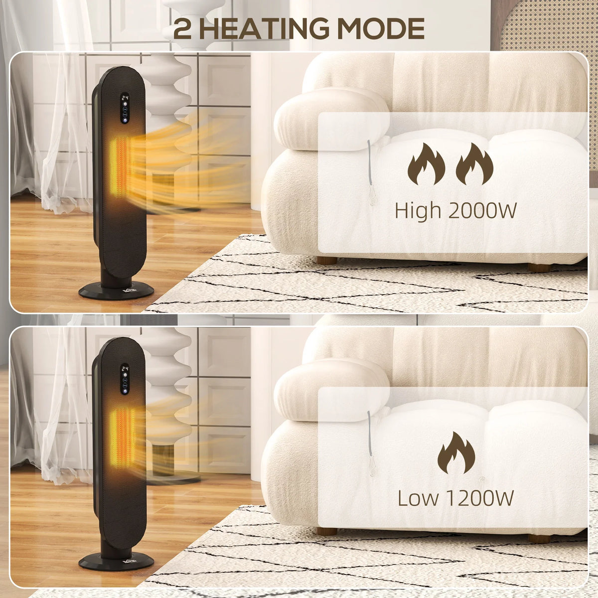 Black ceramic tower space heater with two heat settings: high and low