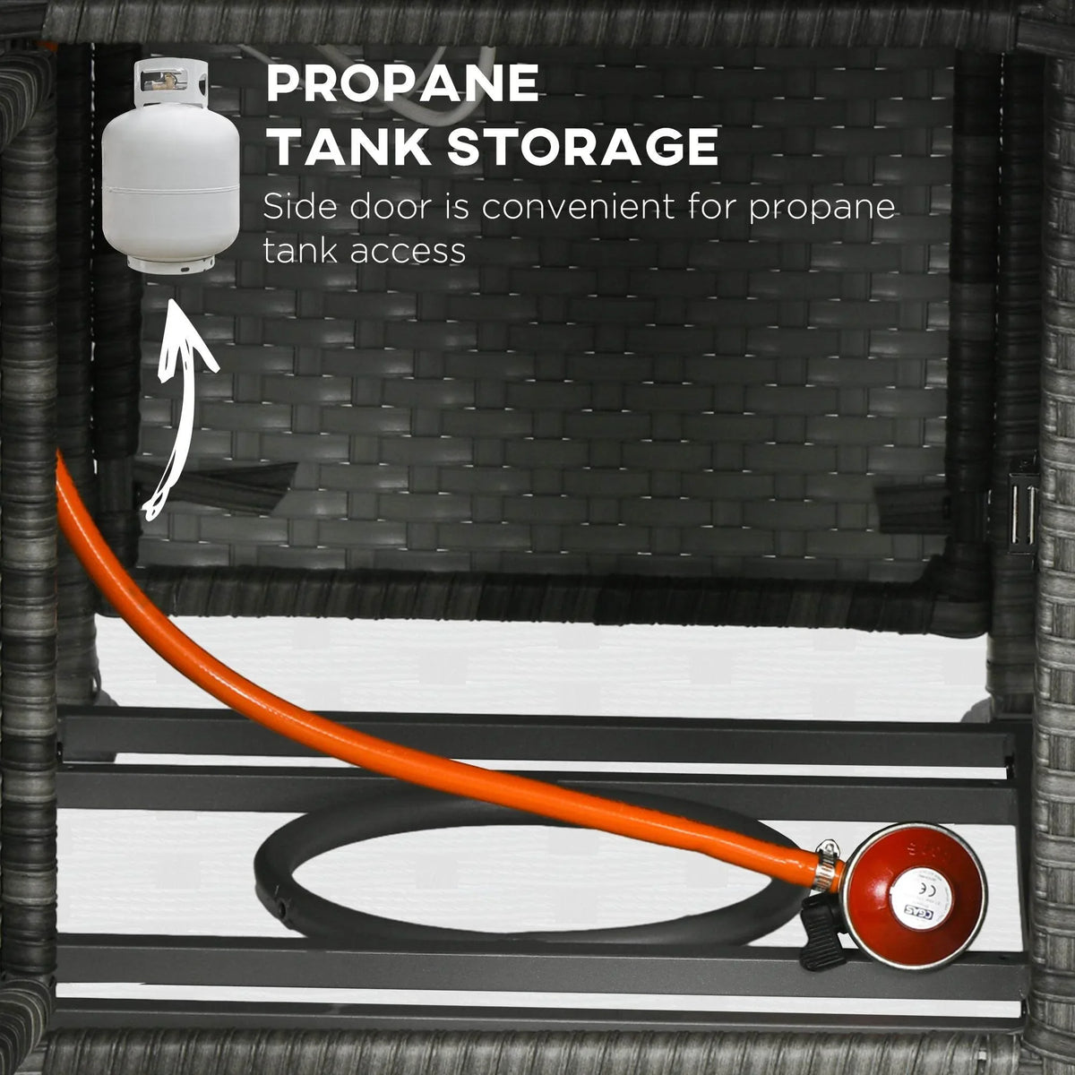 Rattan fire pit propane tank storage with side access door and hose connection