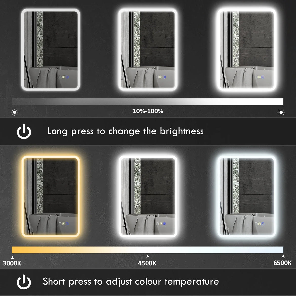 LED bathroom mirror showing adjustable brightness and color temperature lighting