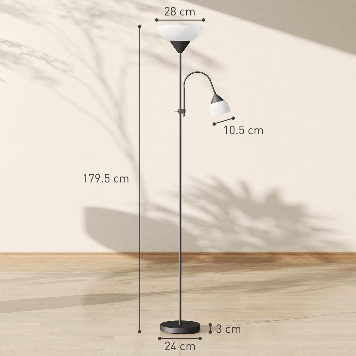 Black tall LED floor lamp with adjustable dual shades and measurements on white background